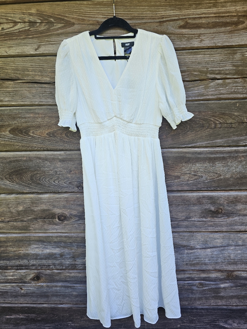 DKNY Ivory Swiss Dot Midi Dress NWT Size 8 Puff Sleeve V-Neck